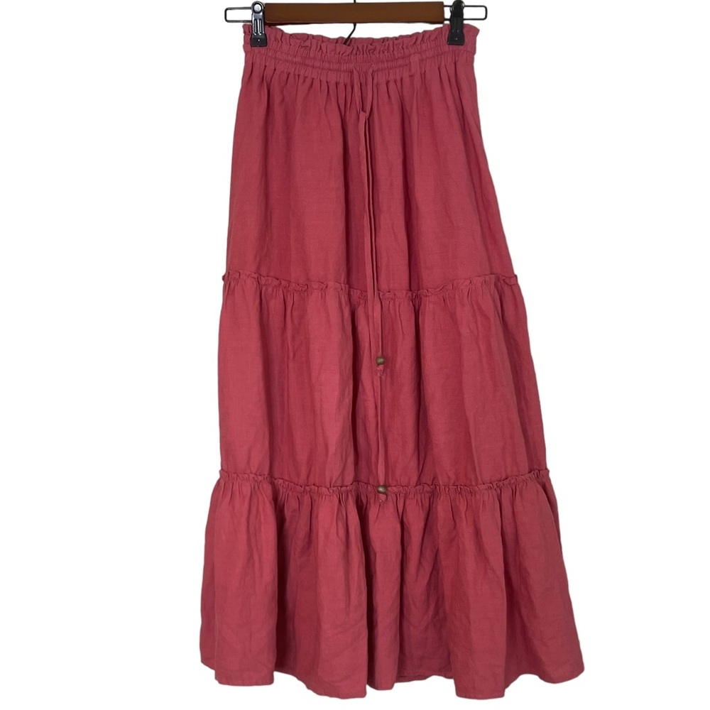 Style Me Linen Blend Layered Tiered Midi A-Line Skirt Size S Pink Vacation Boho